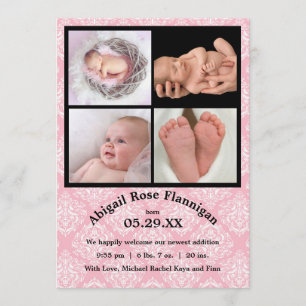 Photo Collage Pink Damask-Birth Announcement