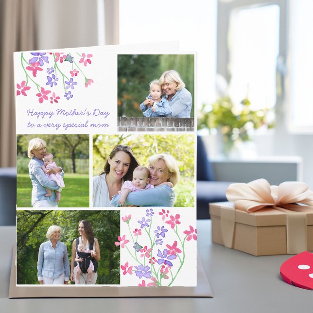 Photo Collage Pink Ditsy Floral Editable Card (Mothers day card with photo collage and dainty flowers)