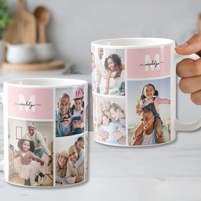 Photo Collage Pink Monogram Coffee Mug (Photo Collage Pink Monogram Picture Coffee Mug )