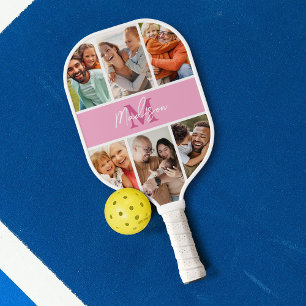 Photo Collage Pink Monogram Pickleball Paddle