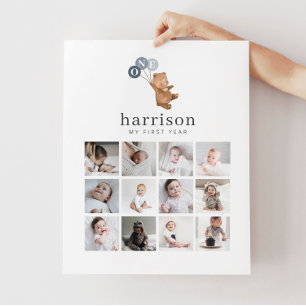 Photo Collage Poster - Bear 3 Blue Balloons