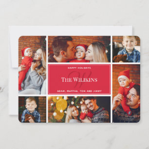Photo Collage Red Christmas Family Monogram Card
