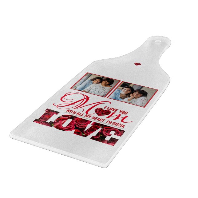 Photo Collage Red Heart Floral Modern Mothers Day Cutting Board (Corner)