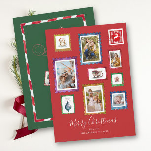 Photo Collage Red Vintage Stamp Family Christmas Holiday Card
