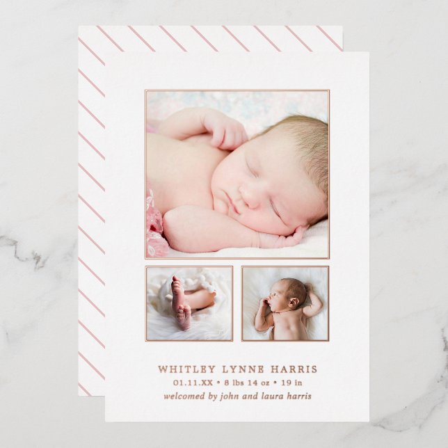 Photo Collage Rose Gold Girl Birth Announcement (Front/Back)