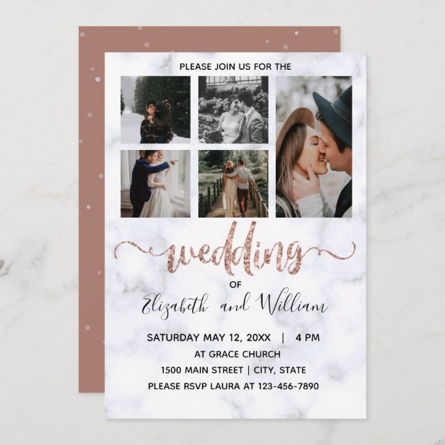 Photo Collage Rose Gold Glitter Calligraphy Pretty Invitation (Front/Back)