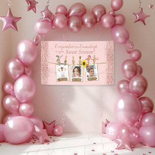 Photo Collage Rose Gold Glitter Sweet 16 Birthday  Banner