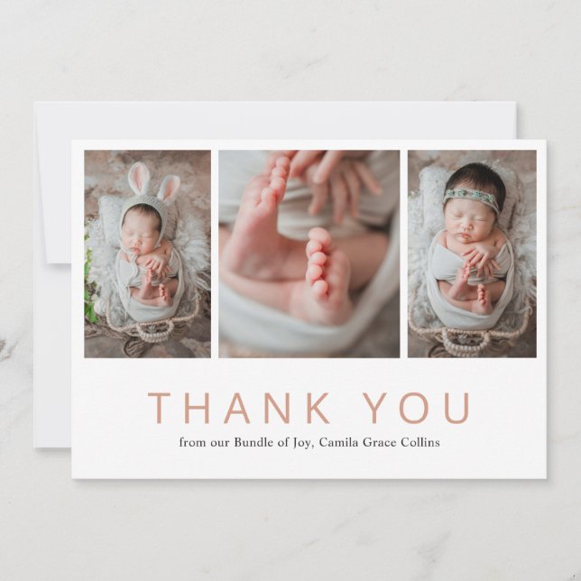 Photo Collage Rose Gold Pink Girl Baby Shower Thank You Card (Front)