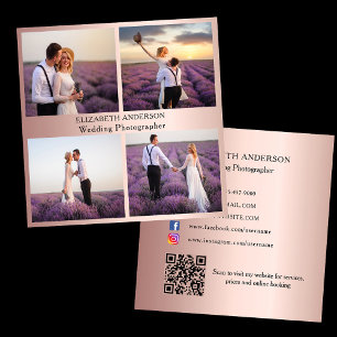 Photo collage rose gold QR code social media Square Business Card