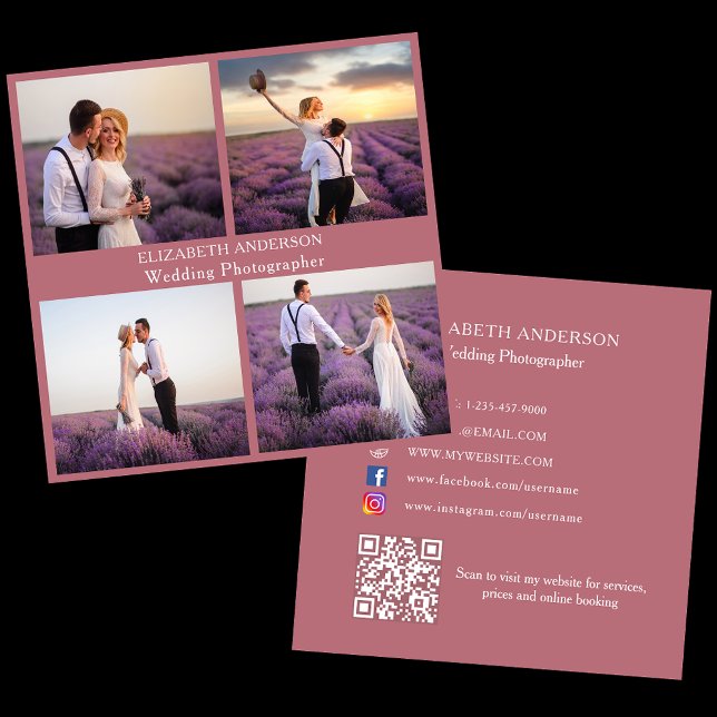Photo collage rose gold QR code social media Square Business Card (Creator Uploaded)