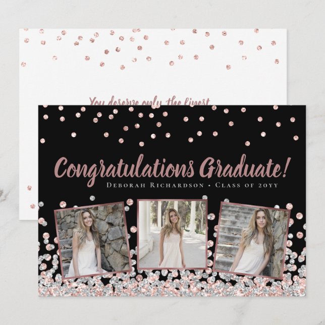 Photo Collage Rose Gold Silver Graduation Card (Front/Back)