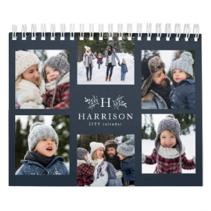 Photo collage rustic navy blue monogram family calendar
