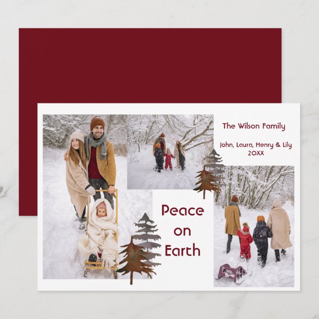 Photo Collage Rustic Snow Outdoors Peace on Earth Holiday Card (Front/Back)