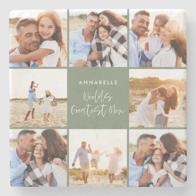 Photo collage sage green girly modern mothers day stone coaster (Front)