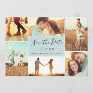 Photo Collage Save the Date Flat Card Light Aqua