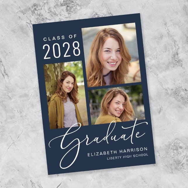 Photo Collage Script Blue Graduation Announcement (An elegant photo collage graduation announcement to celebrate the graduate's achievements)