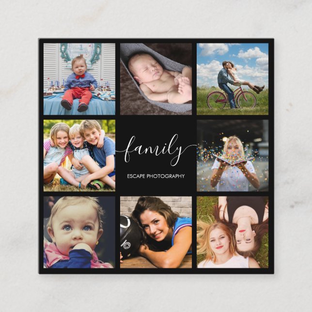 Photo Collage Script Professional Photographer Square Business Card (Front)