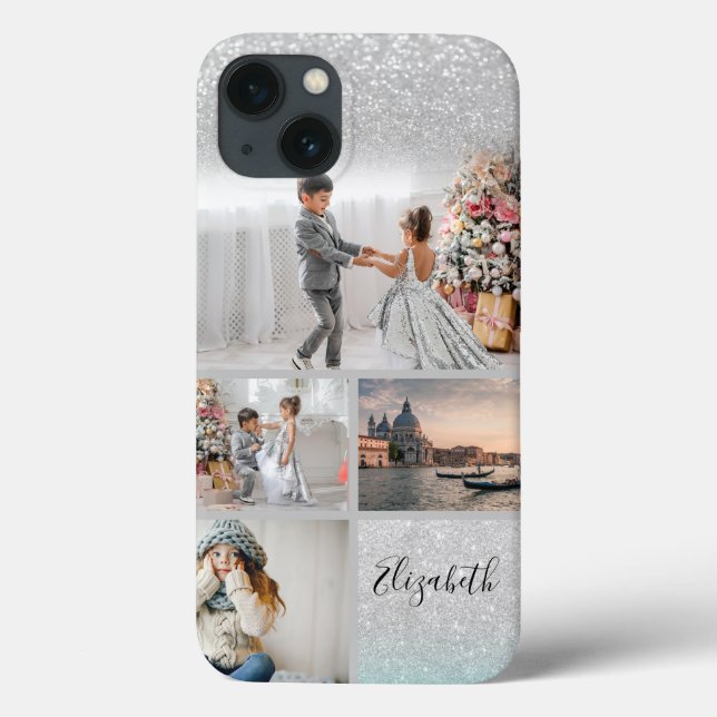 Photo Collage Silver Glitter Bokeh Your Name  Case-Mate iPhone Case (Back)