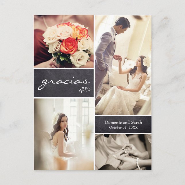 Photo Collage Spanish Rustic Wedding "Gracias" Postcard (Front)