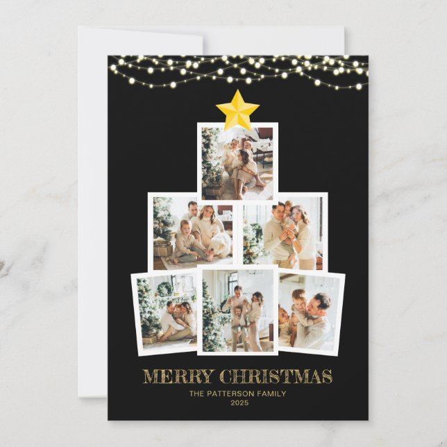 Photo Collage Tree Black String lights Christmas Holiday Card (Front)