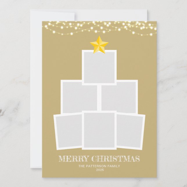 Photo Collage Tree Gold String lights Christmas Holiday Card (Front)