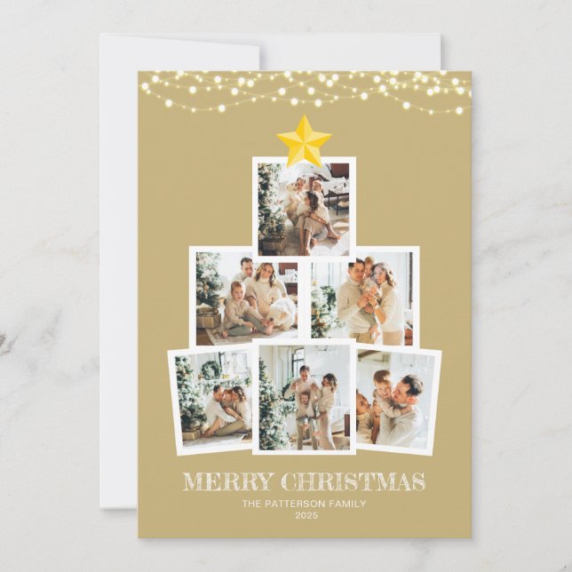 Photo Collage Tree Gold String lights Christmas Holiday Card (Front)