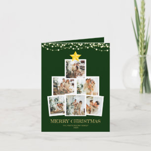 Photo Collage Tree Green String Lights Folded Holiday Card