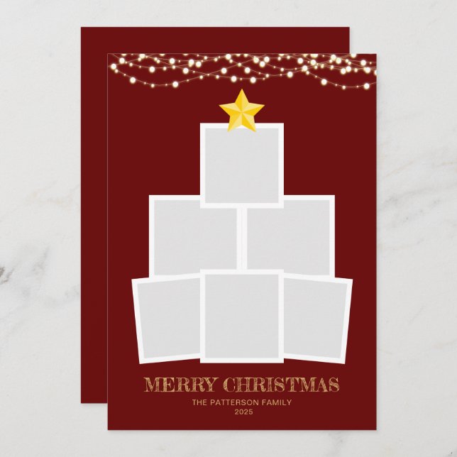 Photo Collage Tree Red String lights Christmas Holiday Card (Front/Back)