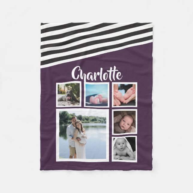Photo Collage Unique Personalised Purple Striped Fleece Blanket (Front)