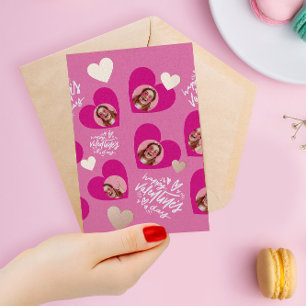 Photo Collage Valentine's Day Hot Pink Hearts Foil Greeting Card
