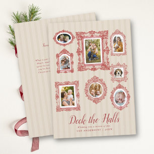 Photo Collage Vintage Sketch Red Neutral Christmas Holiday Card