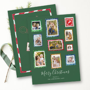 Photo Collage Vintage Stamp Green Family Christmas Holiday Card