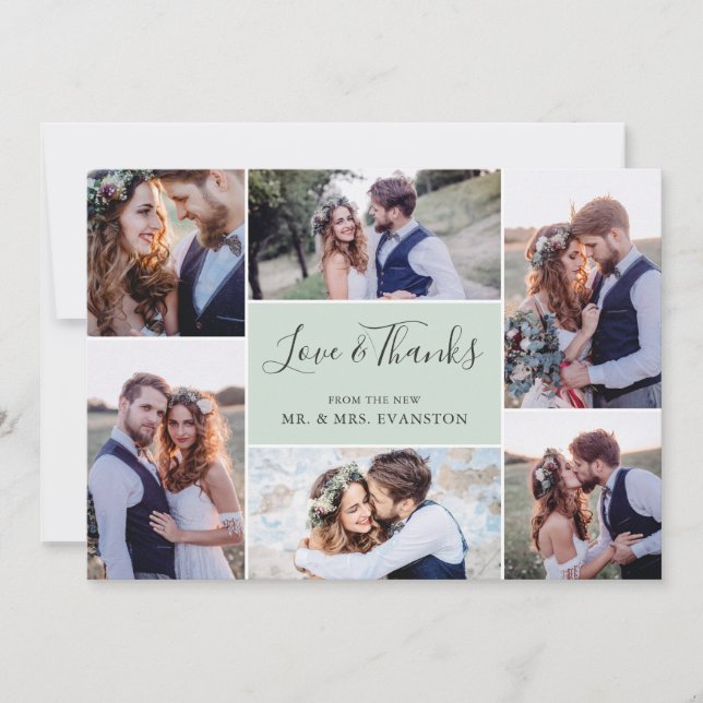 Photo Collage Wedding Thank You Flat Card | Mint (Front)