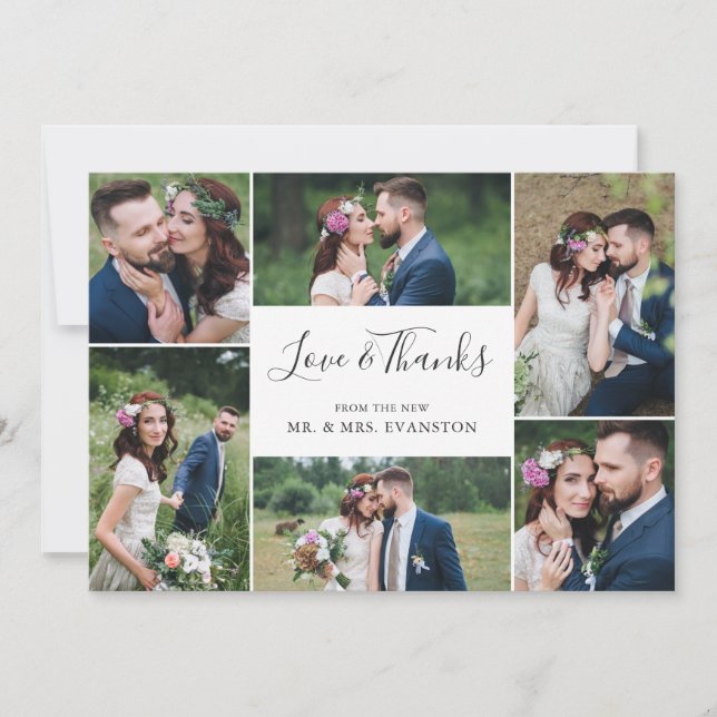 Photo Collage Wedding Thank You Flat Card | White (Front)