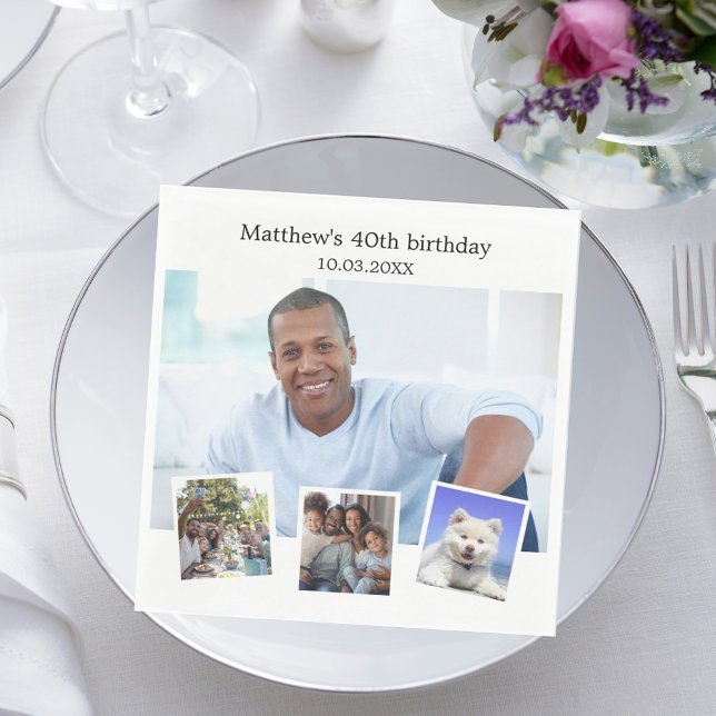 Photo collage white birthday party napkin (Creator Uploaded)