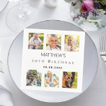 Photo collage white birthday party napkin<br><div class="desc">For a 50th (or any age) birthday,  celebrating his/her life with a collage of 6 of your high quality photos of her,  her friends,  family,  interest or pets.  Personalise and add a name,  age,  date.    A stylish white background,  black text.</div>