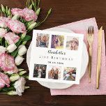 Photo collage white birthday party napkin<br><div class="desc">For a woman's 21st (or any age) birthday, celebrating her life with a collage of 6 of your high quality photos of her, her friends, family, interest or pets. Personalise and add her name, age 21. A stylish white background. Her name is written with a modern hand lettered style script....</div>