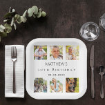 Photo collage white birthday party paper plate<br><div class="desc">For a 50th (or any age) birthday,  celebrating his/her life with a collage of 6 of your high quality photos of her,  her friends,  family,  interest or pets.  Personalise and add a name,  age,  date.    A stylish white background,  black text.</div>