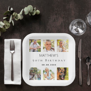 Photo collage white birthday party paper plate