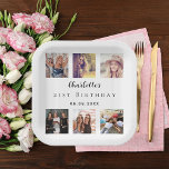 Photo collage white birthday party paper plate<br><div class="desc">For a woman's 21st (or any age) birthday, celebrating her life with a collage of 6 of your high quality photos of her, her friends, family, interest or pets. Personalise and add her name, age 21. A stylish white background. Her name is written with a modern hand lettered style script....</div>