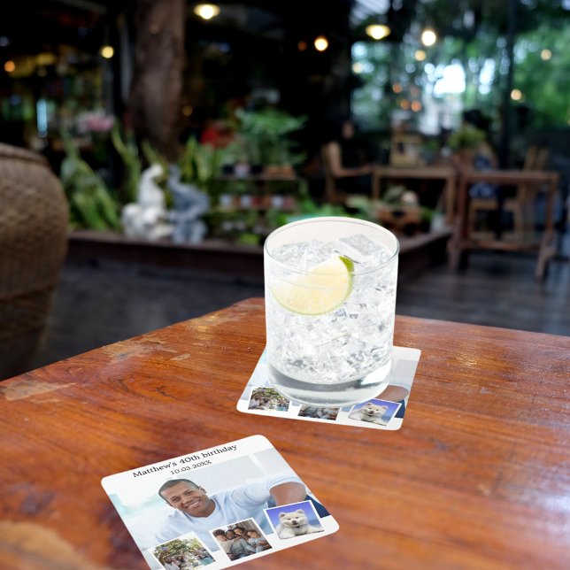 Photo collage white birthday party square paper coaster (Creator Uploaded)