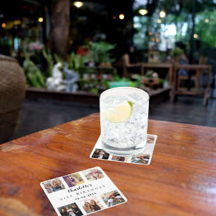 Photo collage white birthday party square paper coaster