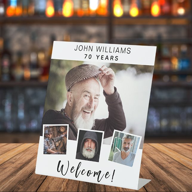 Photo collage white birthday party welcome pedestal sign (Creator Uploaded)