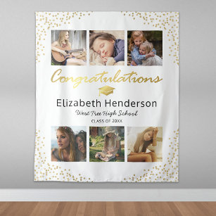 Photo Collage White Gold Graduation Backdrop Tapestry