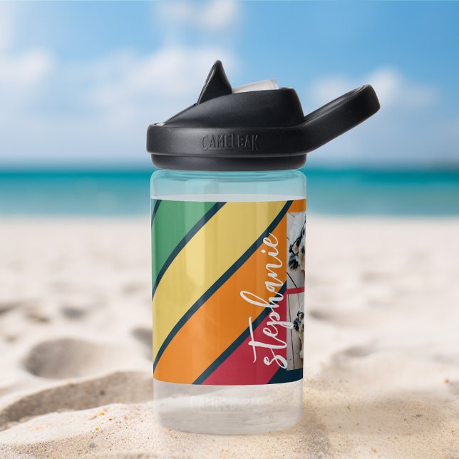 Photo Collage with 4 Photos Colourful Retro Stripe Water Bottle (Custom water bottle - personalize with a name or other text)
