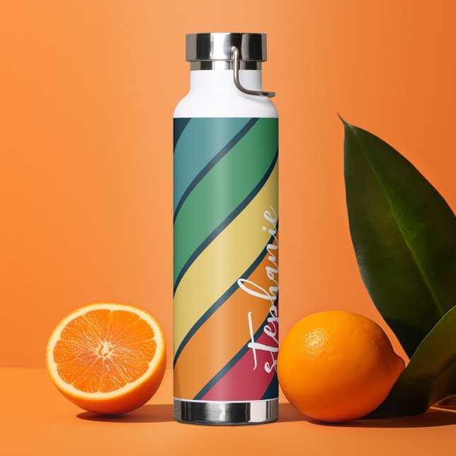 Photo Collage with 4 Photos Colourful Retro Stripe Water Bottle (Personalized water bottle - custom name and retro stripes with photo collage)