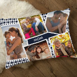 Photo Collage with 5 Pictures Blue and White Mum Decorative Cushion<br><div class="desc">Personalised pillow with 5 of your favourite photos for Mum. Your pictures are set against a modern geometric pattern in midnight blue and white. MOM is lettered in white typography and the template is set up ready for you to edit this (to Mama or Mum for example). You can also...</div>