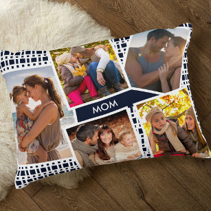 Photo Collage with 5 Pictures Blue and White Mum Decorative Cushion