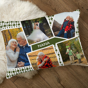 Photo Collage with 5 Pictures Green and White Nana Decorative Cushion