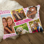 Photo Collage with 5 Pictures Pink and White Decorative Cushion<br><div class="desc">Personalised pillow with 5 of your favourite photos and your name. Your pictures are set against a modern geometric pattern in pink and white. Your name is lettered in white script typography and the template is set up ready for you to personalise the design. You can also edit the background...</div>